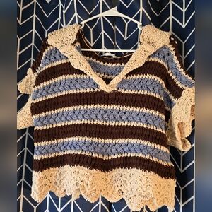 Zara Striped Crochet V-Neck Sweater in Blue, Brown & Cream